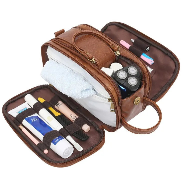 Fold-out leather travel toiletry bag