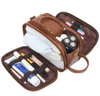 Fold-out leather travel toiletry bag