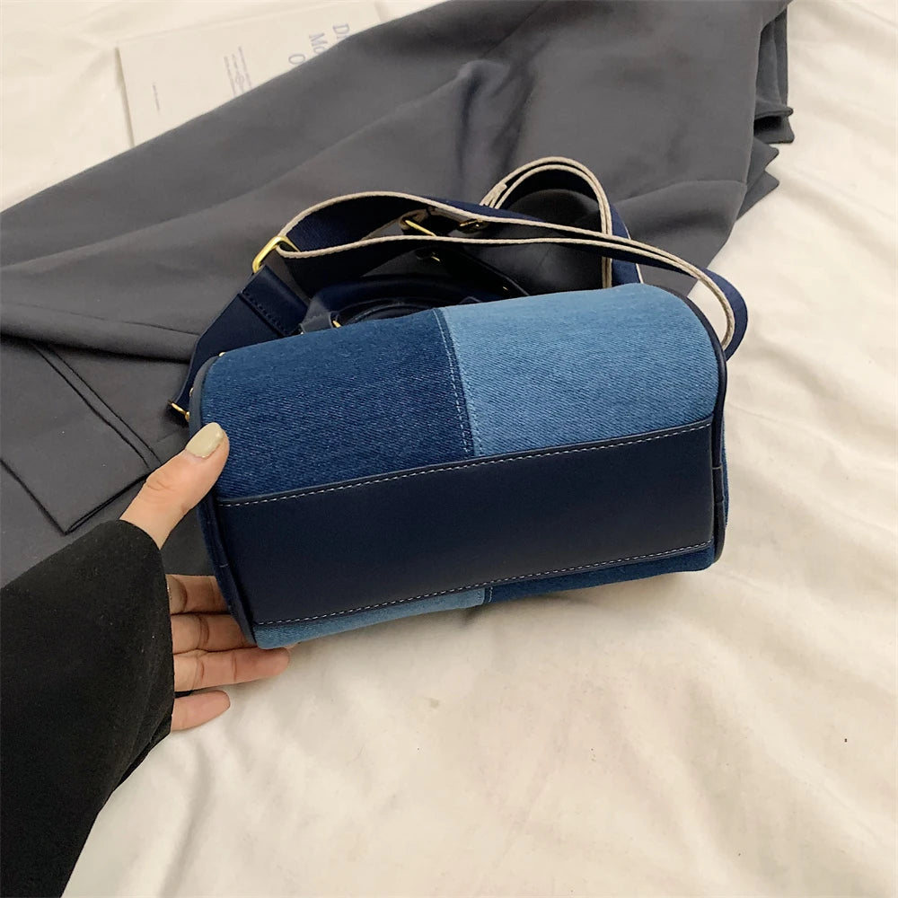 Retro large strap denim shoulder handbag