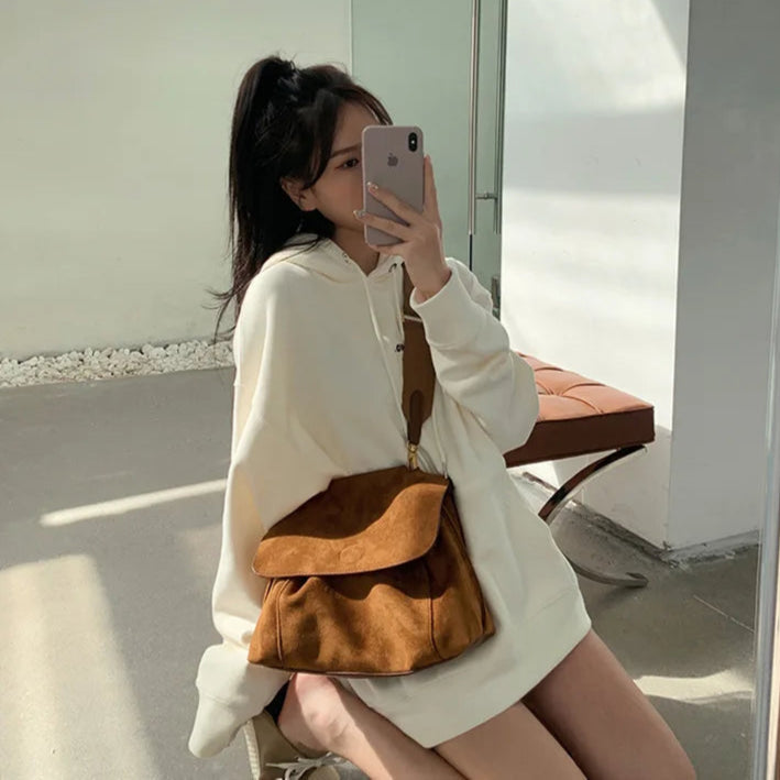 Suede tote bag with large shoulder strap