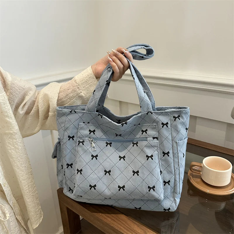 Bow pattern corduroy tote bag for women