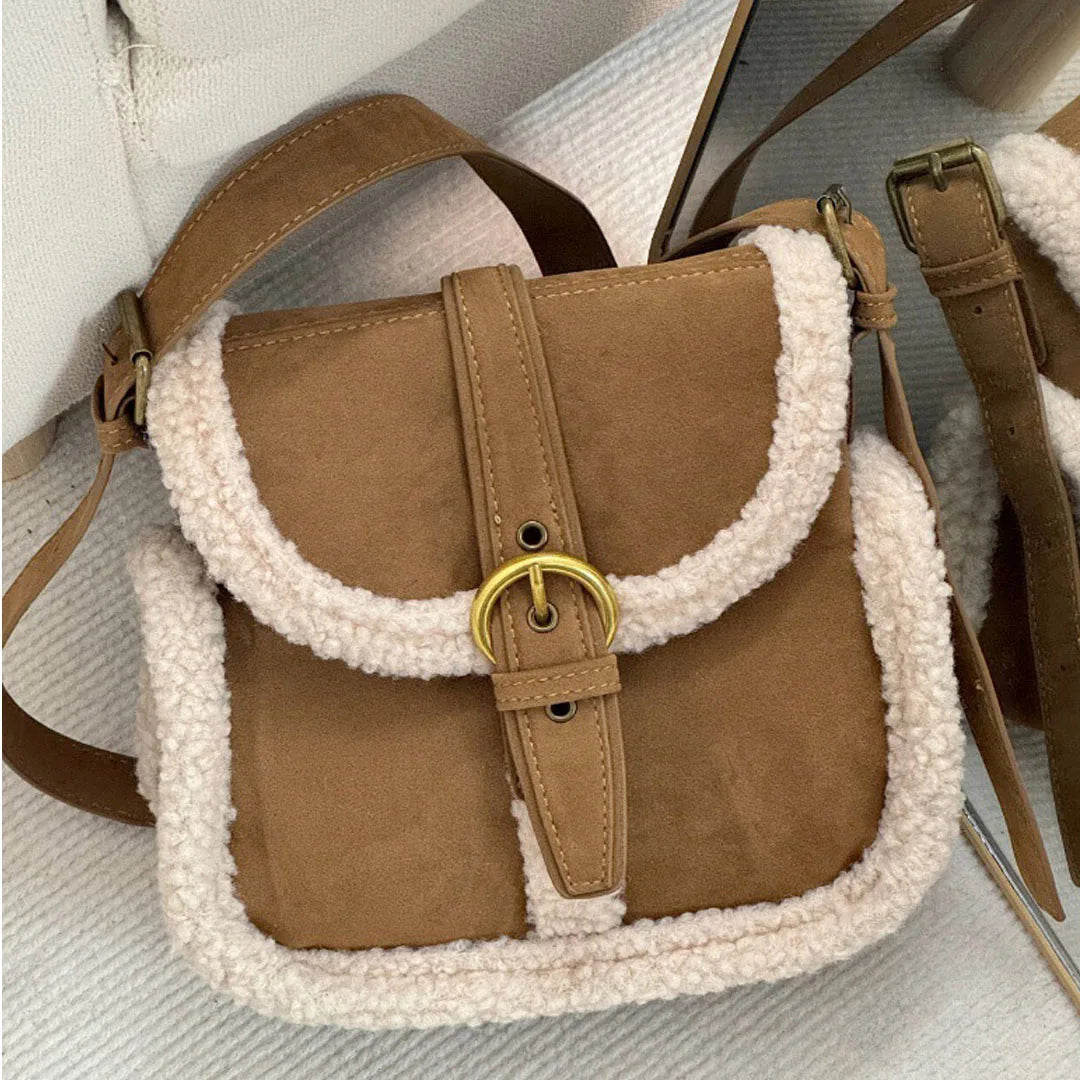 Flop-over suede handbag with fake fur