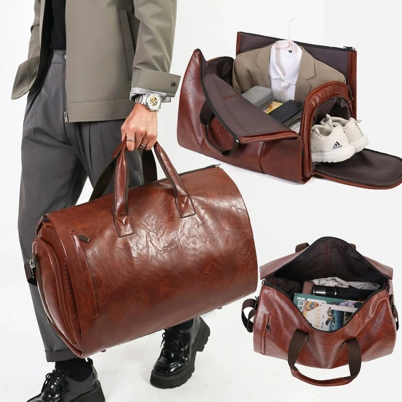 Carry-on size leather weekender duffle bag