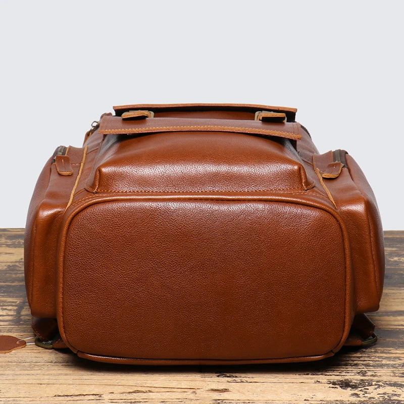 Tall leather rucksack with top flap