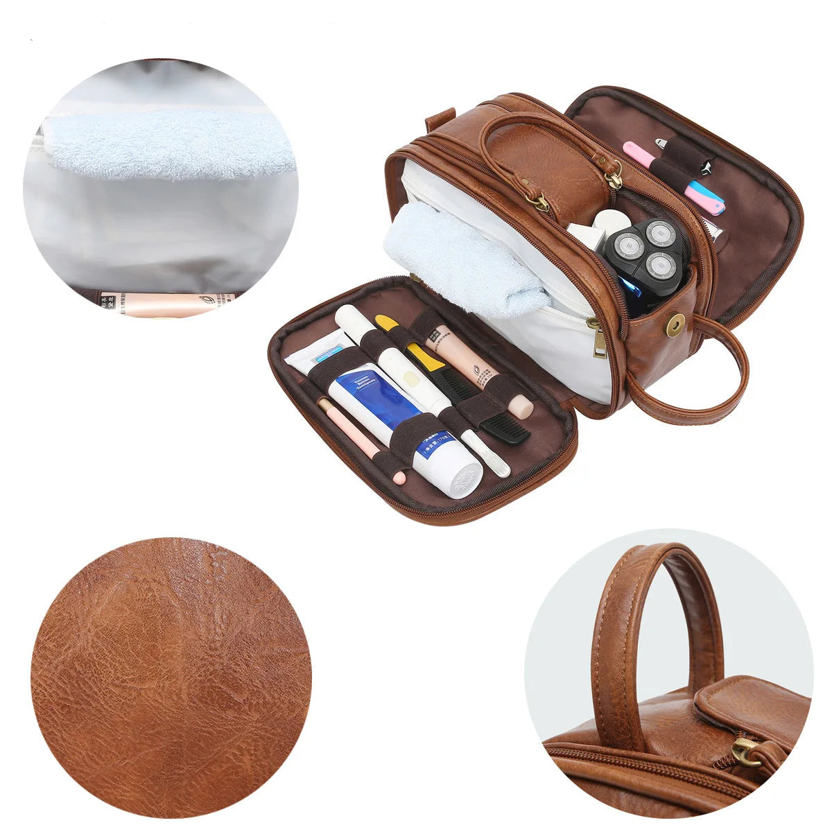 Fold-out leather travel toiletry bag