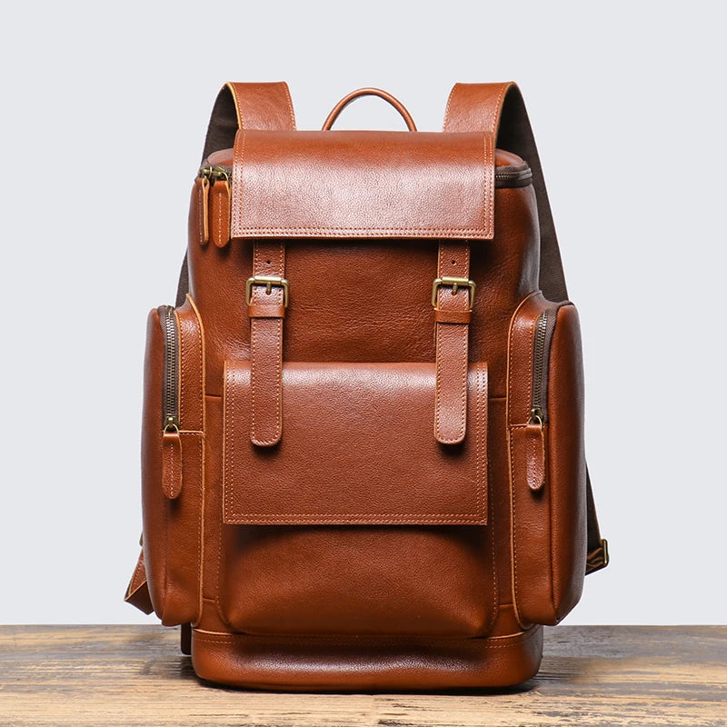 Tall leather rucksack with top flap