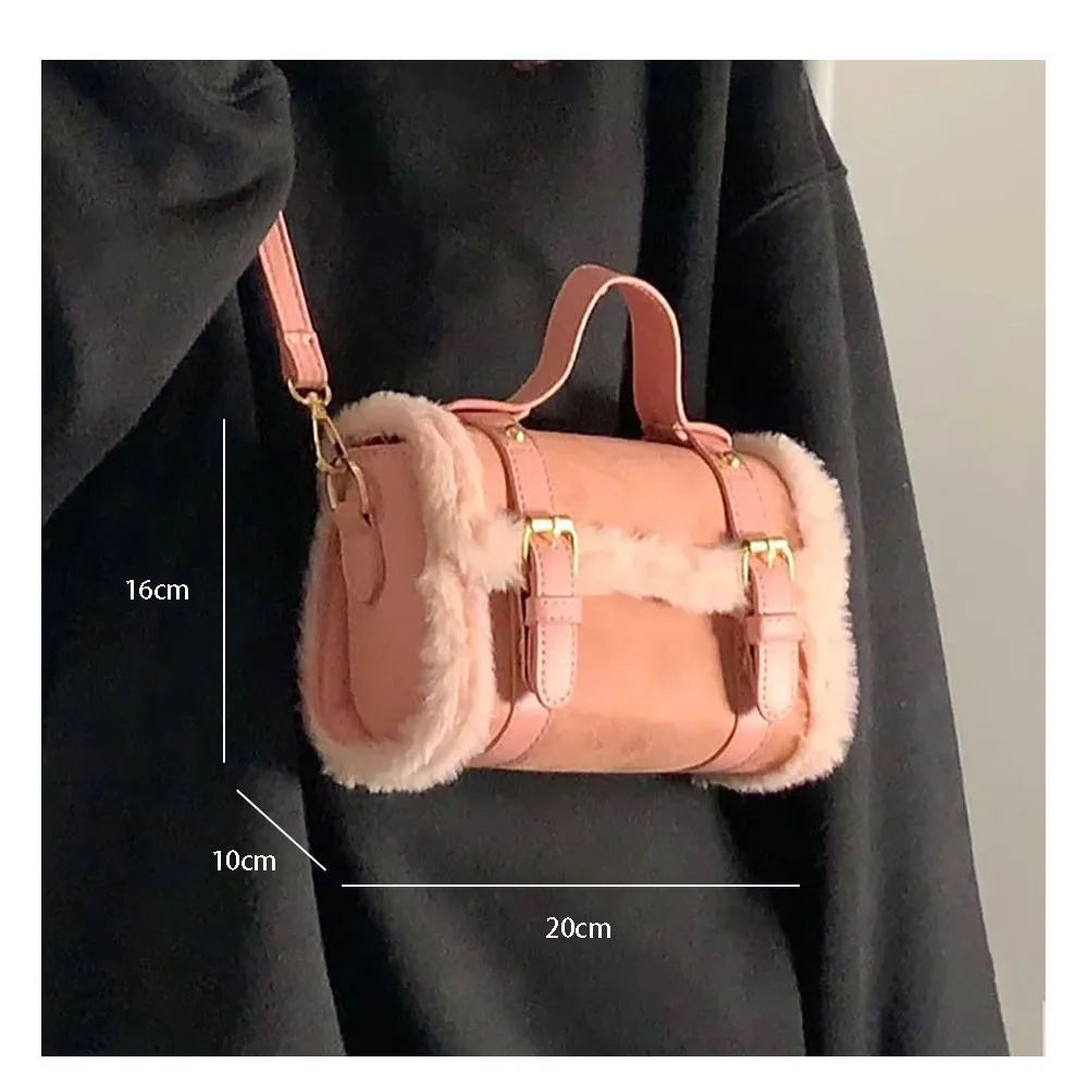 Suede shoulder handbag with fake fur