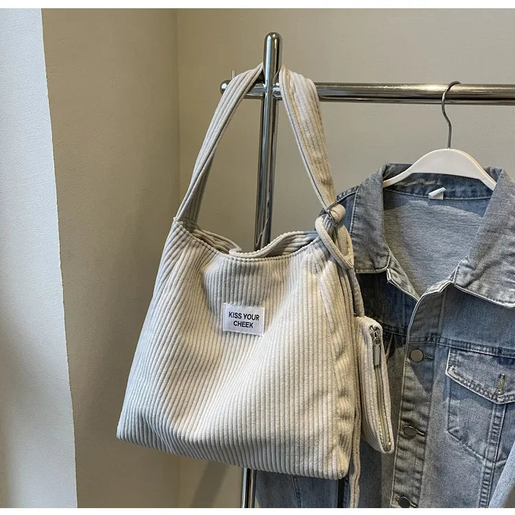 Women’s small corduroy tote bag with matching pouch