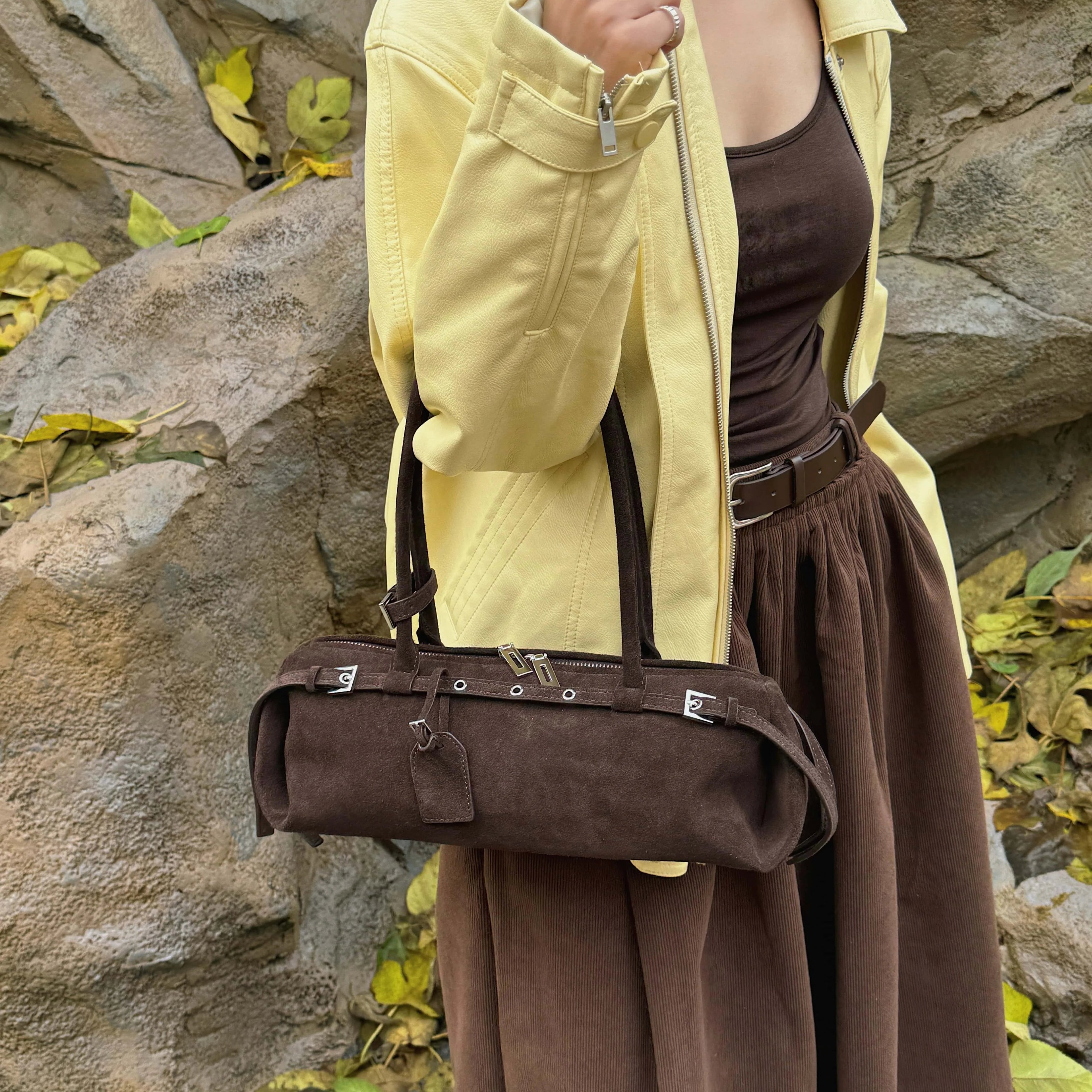 Rectangular suede handbag