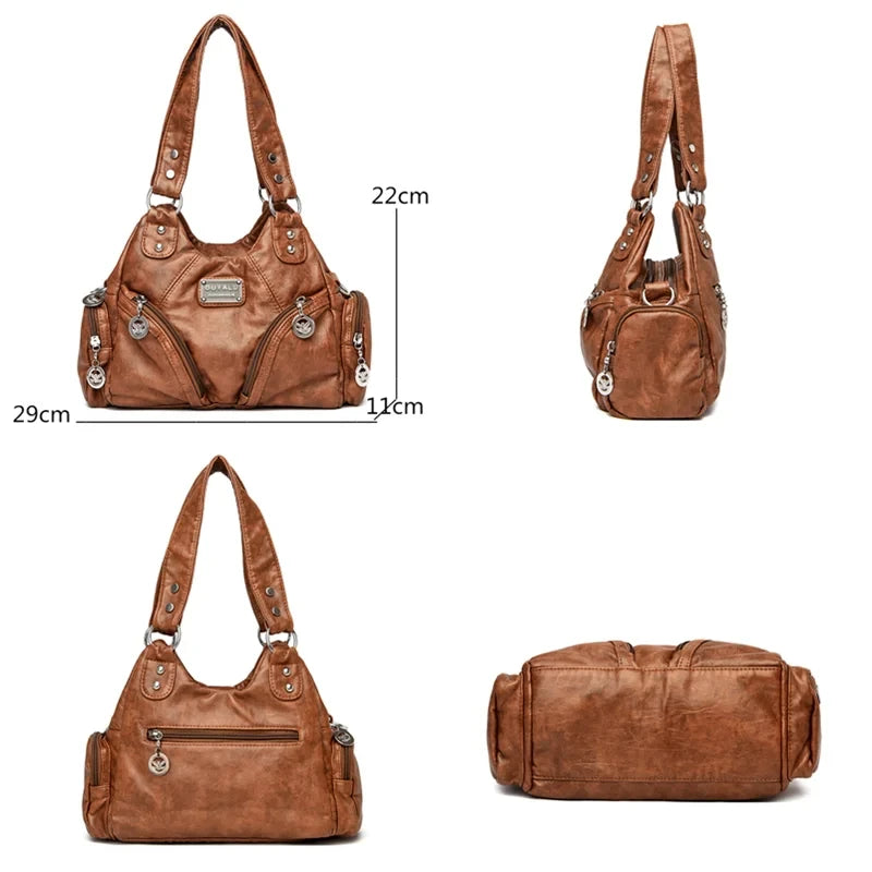 Leather shoulder bag with side pockets