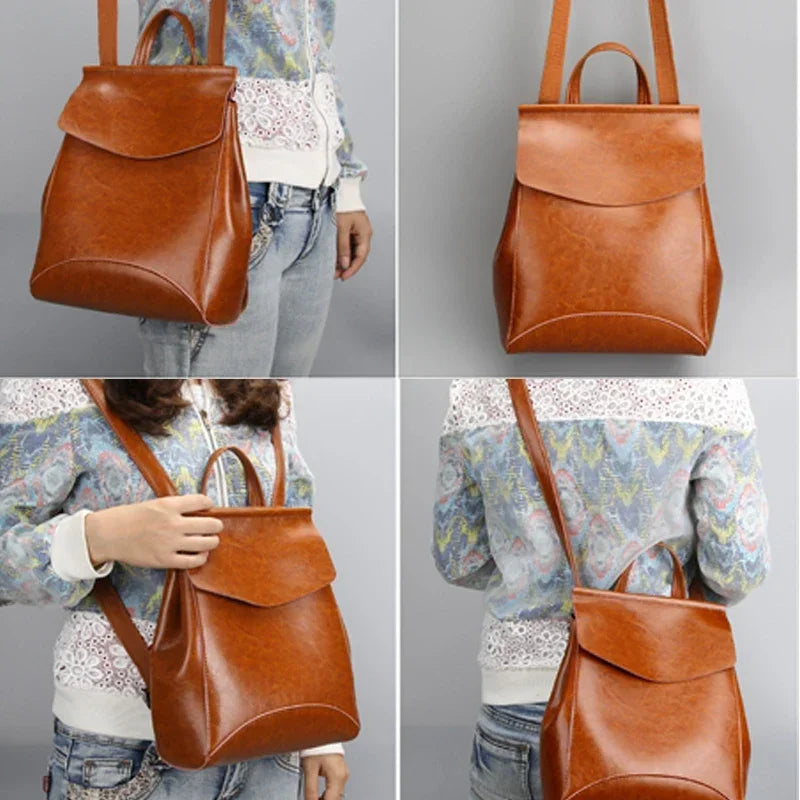 Women’ leather bookbag-style backpack