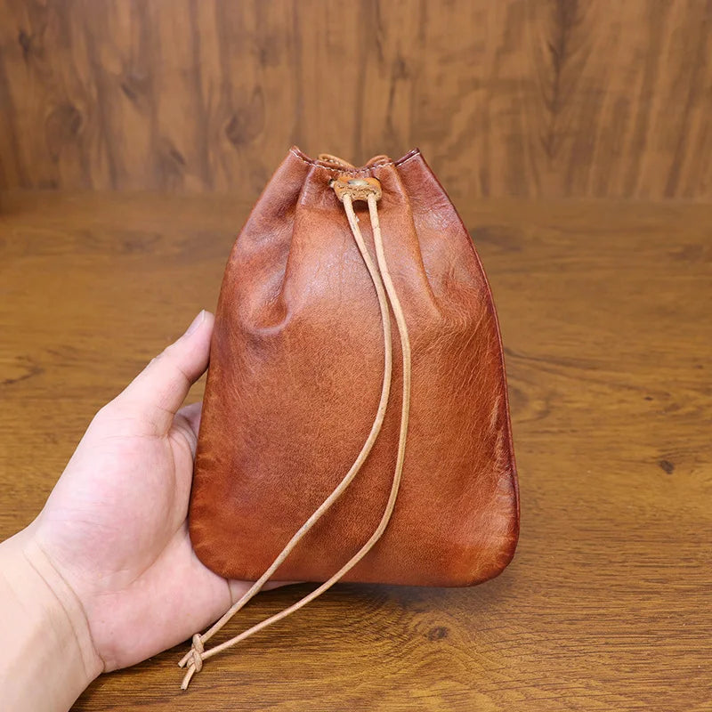 Leather coin pouch drawstring clutch