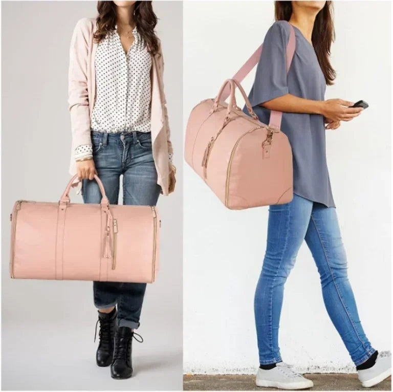 Foldable women's travel leather duffle bag