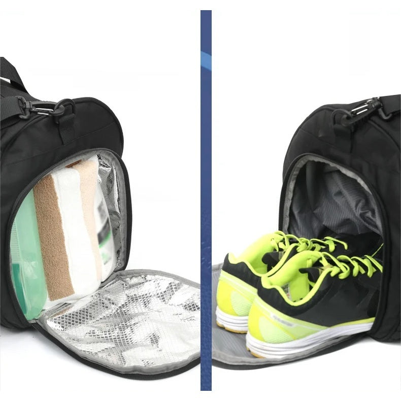 Unisex black sports duffel bag with shoe pocket