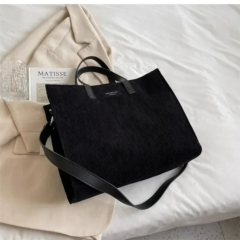 Elegant corduroy tote bag with leather handles