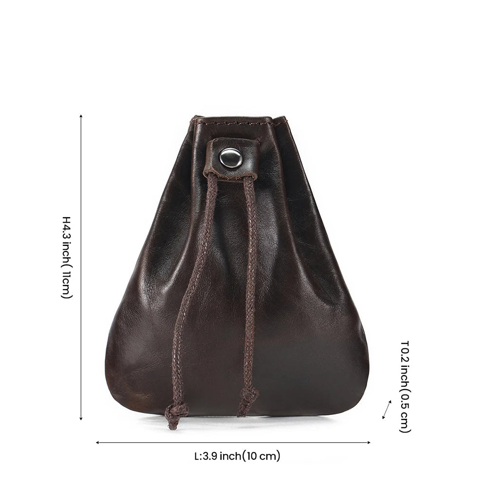Compact drawstring pouch in leather