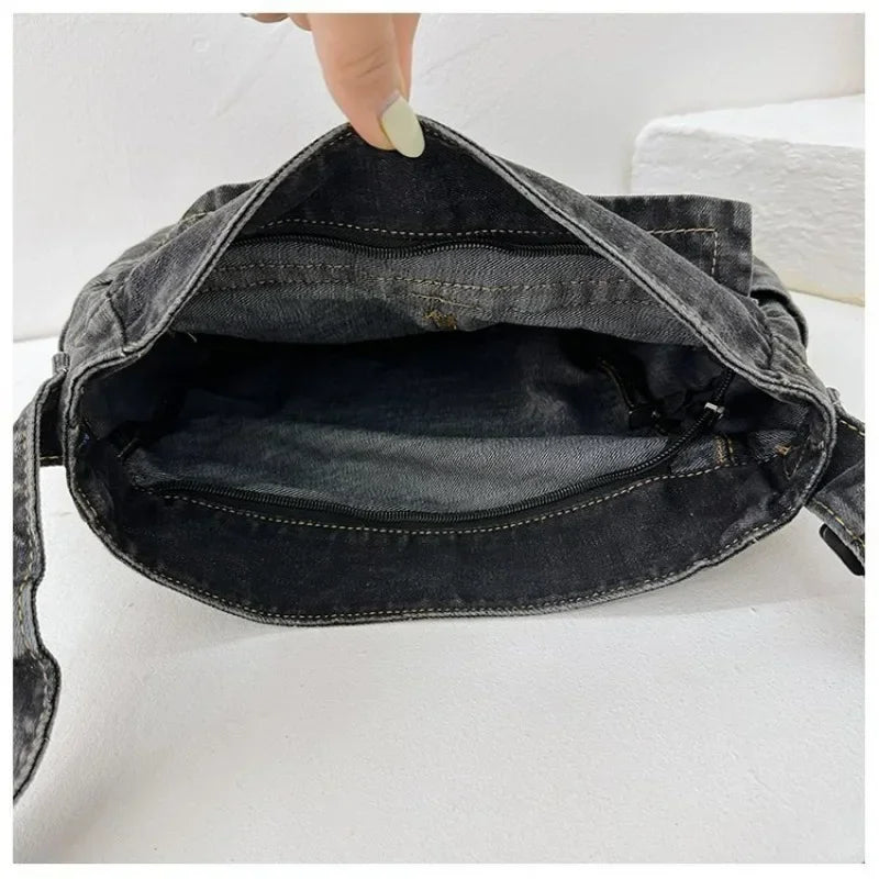 Denim top-handle handbag