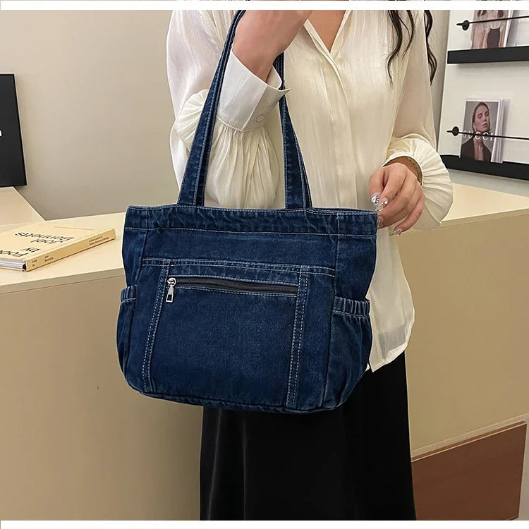Denim tote bag with front pocket