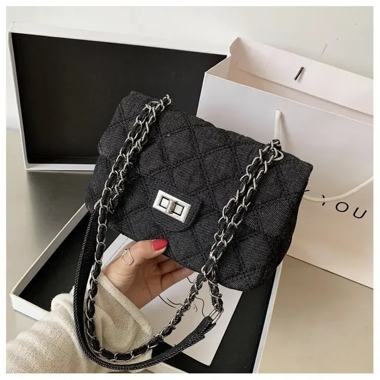 Compact flap denim handbag