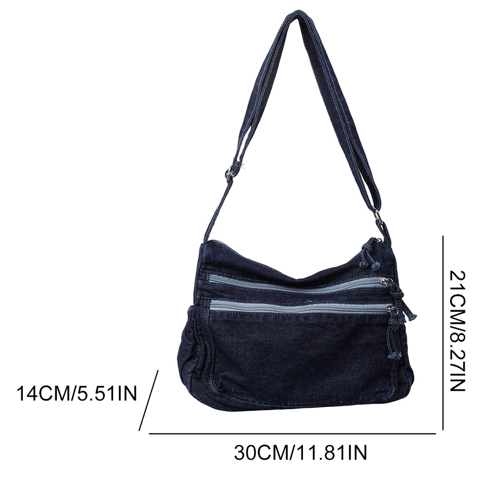 Classic denim shoulder handbag with zipper closure