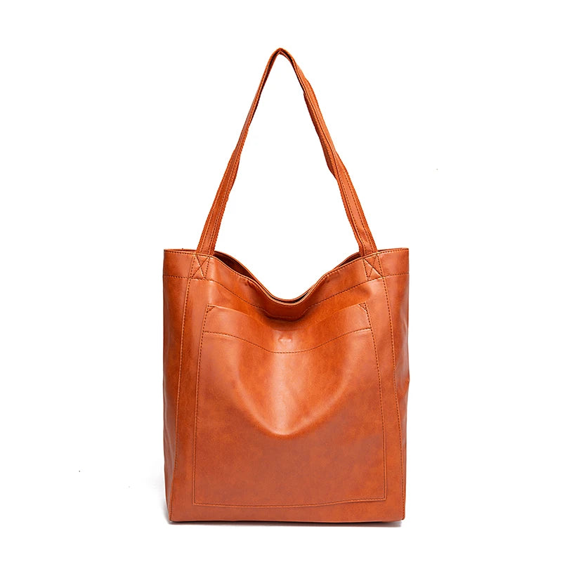 Large capacity leather tote bag with pocket