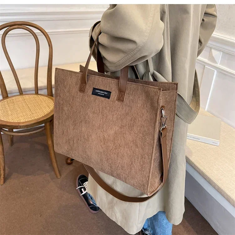 Elegant corduroy tote bag with leather handles