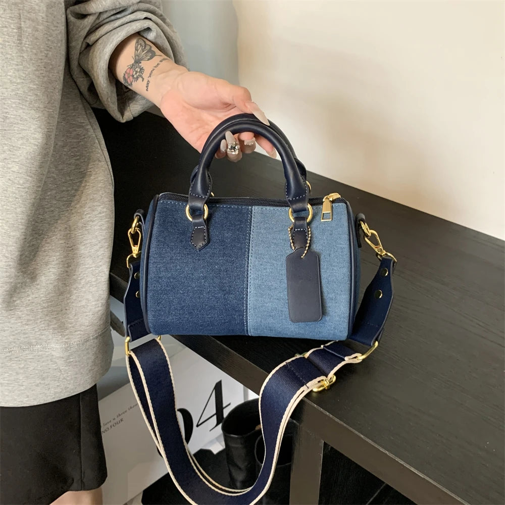 Retro large strap denim shoulder handbag