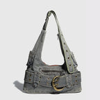 Distressed denim crossbody handbag with double zip