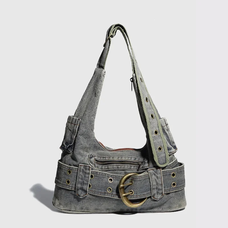Distressed denim crossbody handbag with double zip