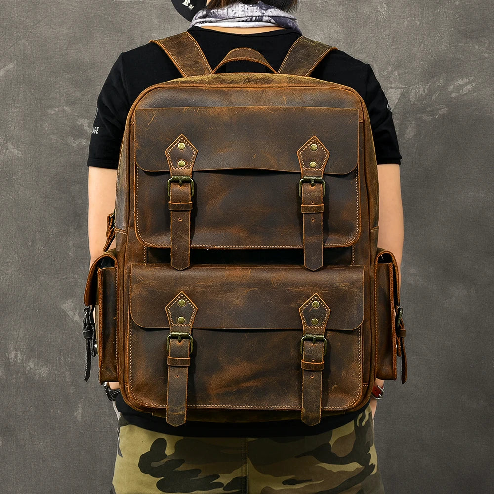 Large leather rucksack with buckles