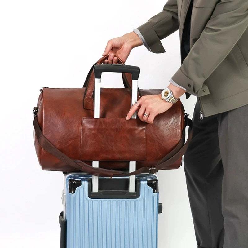 Carry-on size leather weekender duffle bag