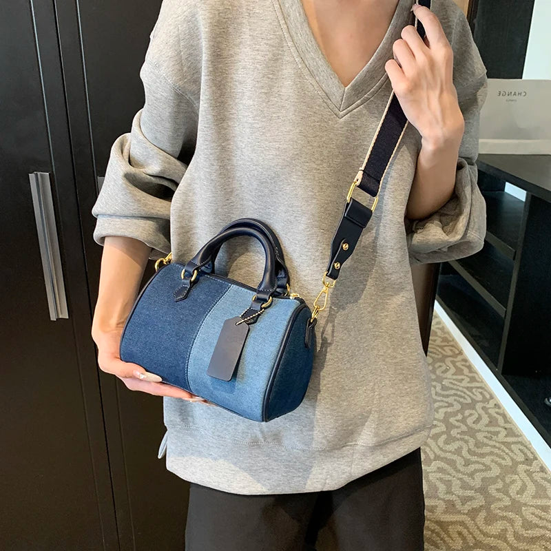 Retro large strap denim shoulder handbag