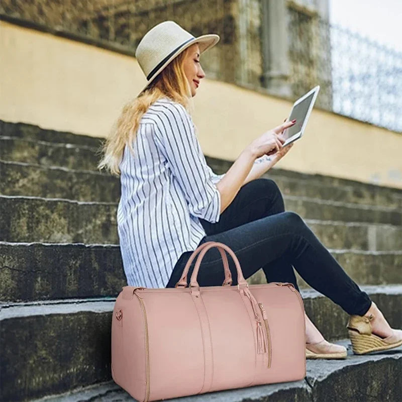 Foldable women's travel leather duffle bag
