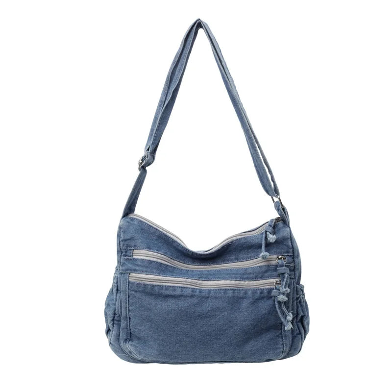 Multi-pockets denim shoulder bag for women