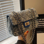 Compact flap denim handbag with chain straps