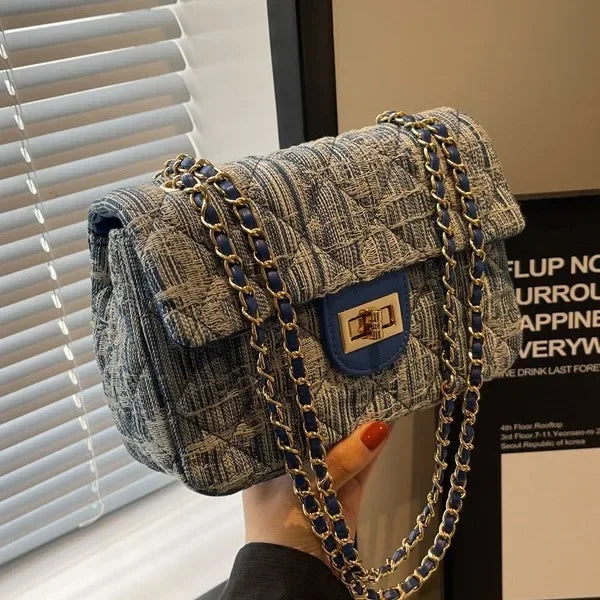 Compact flap denim handbag with chain straps