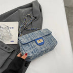 Compact flap denim handbag with chain straps