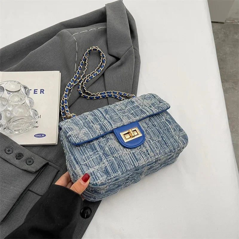 Compact flap denim handbag with chain straps
