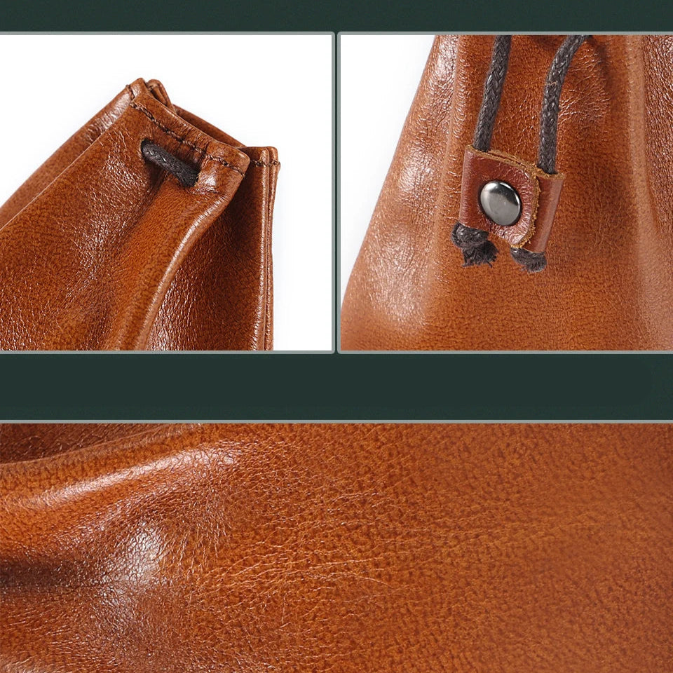 Compact drawstring pouch in leather