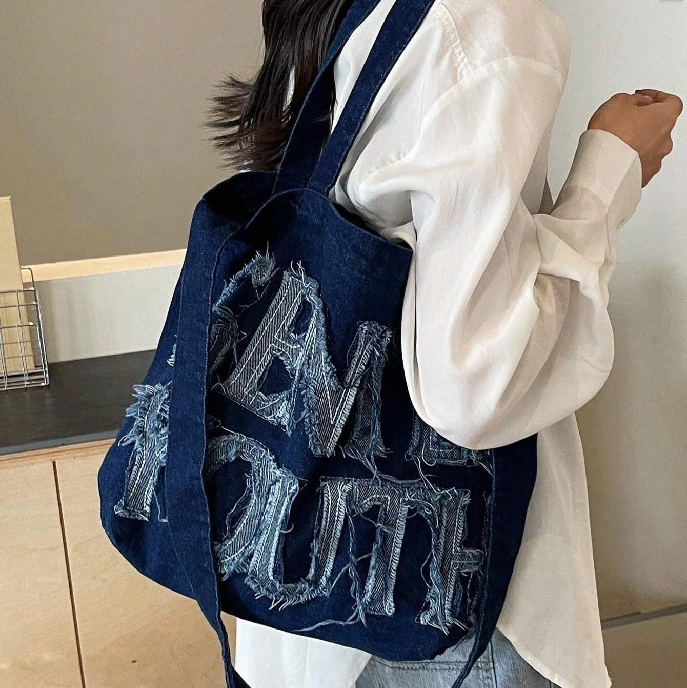 Foldable denim tote bag