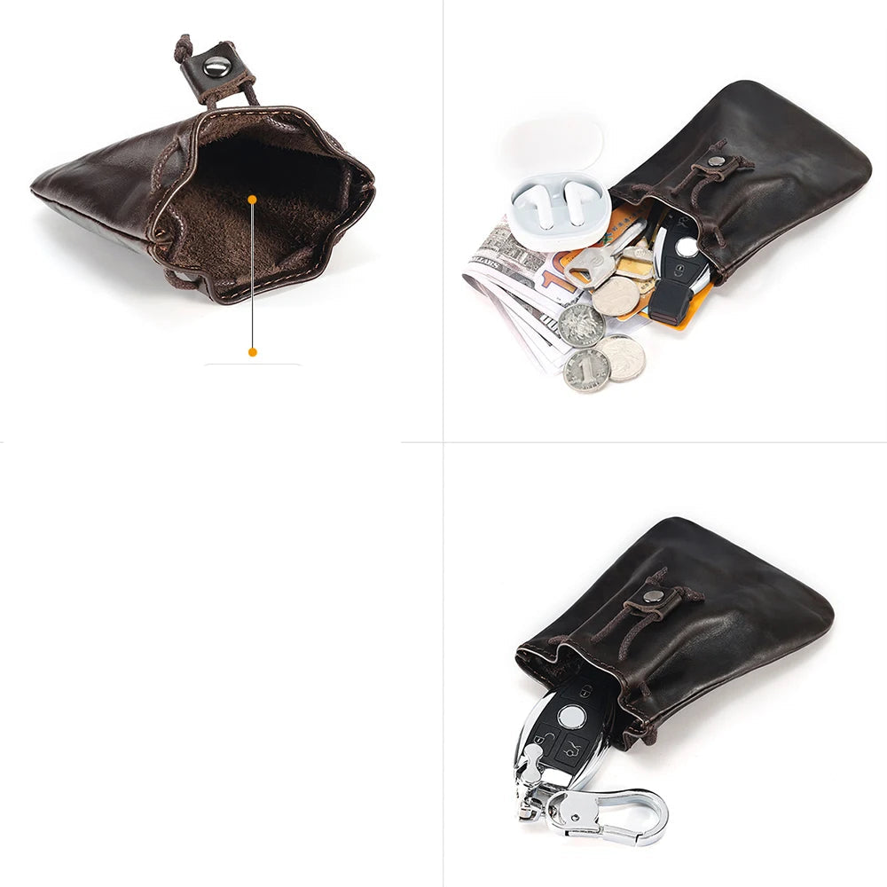 Compact drawstring pouch in leather