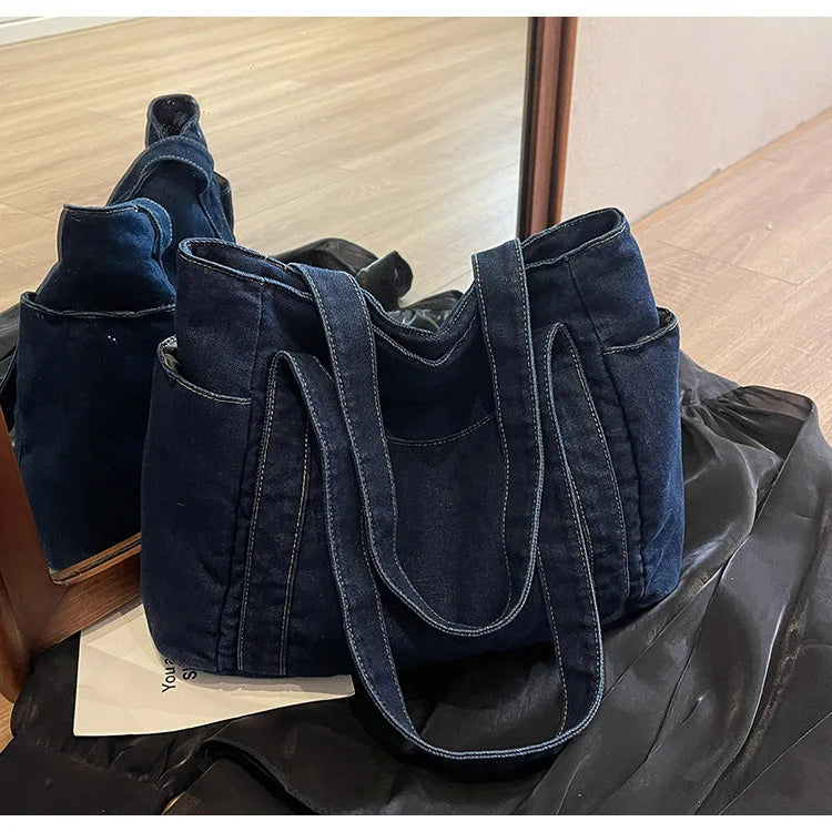 Denim shoulder tote bag