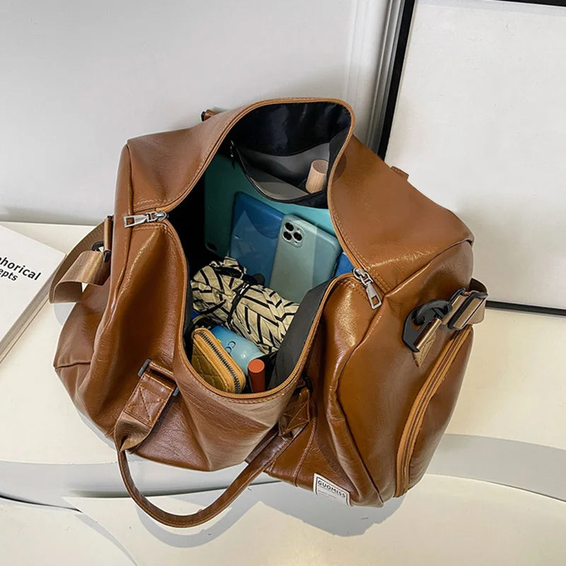 Retro-style leather weekender duffle bag