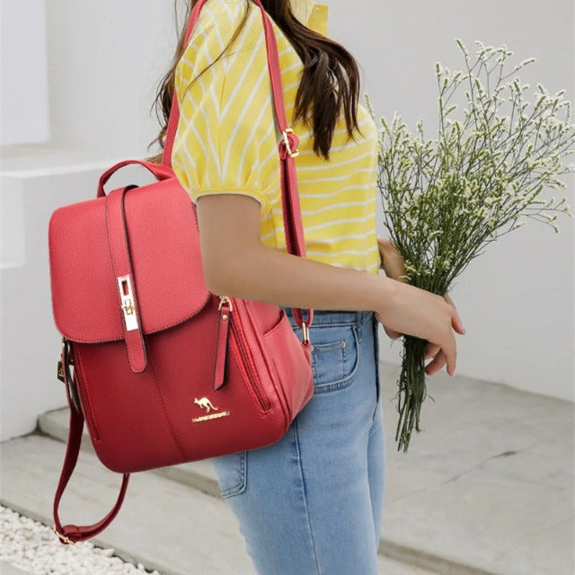 Red convertible leather backpack for women