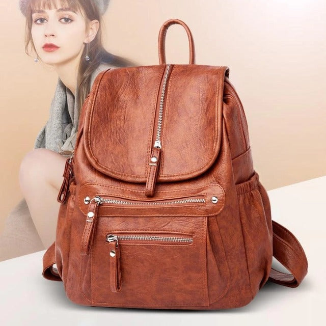Brown leather backpack purse for women