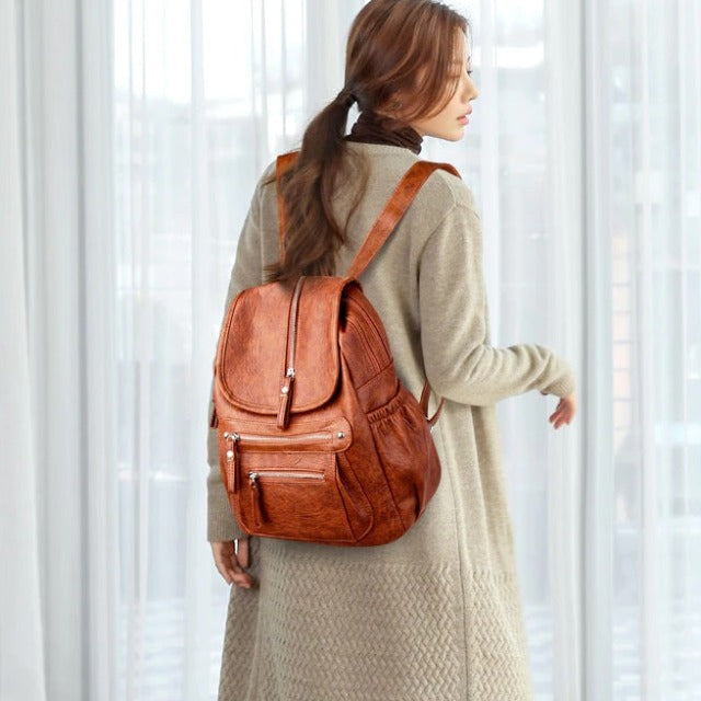 Brown leather backpack purse for women