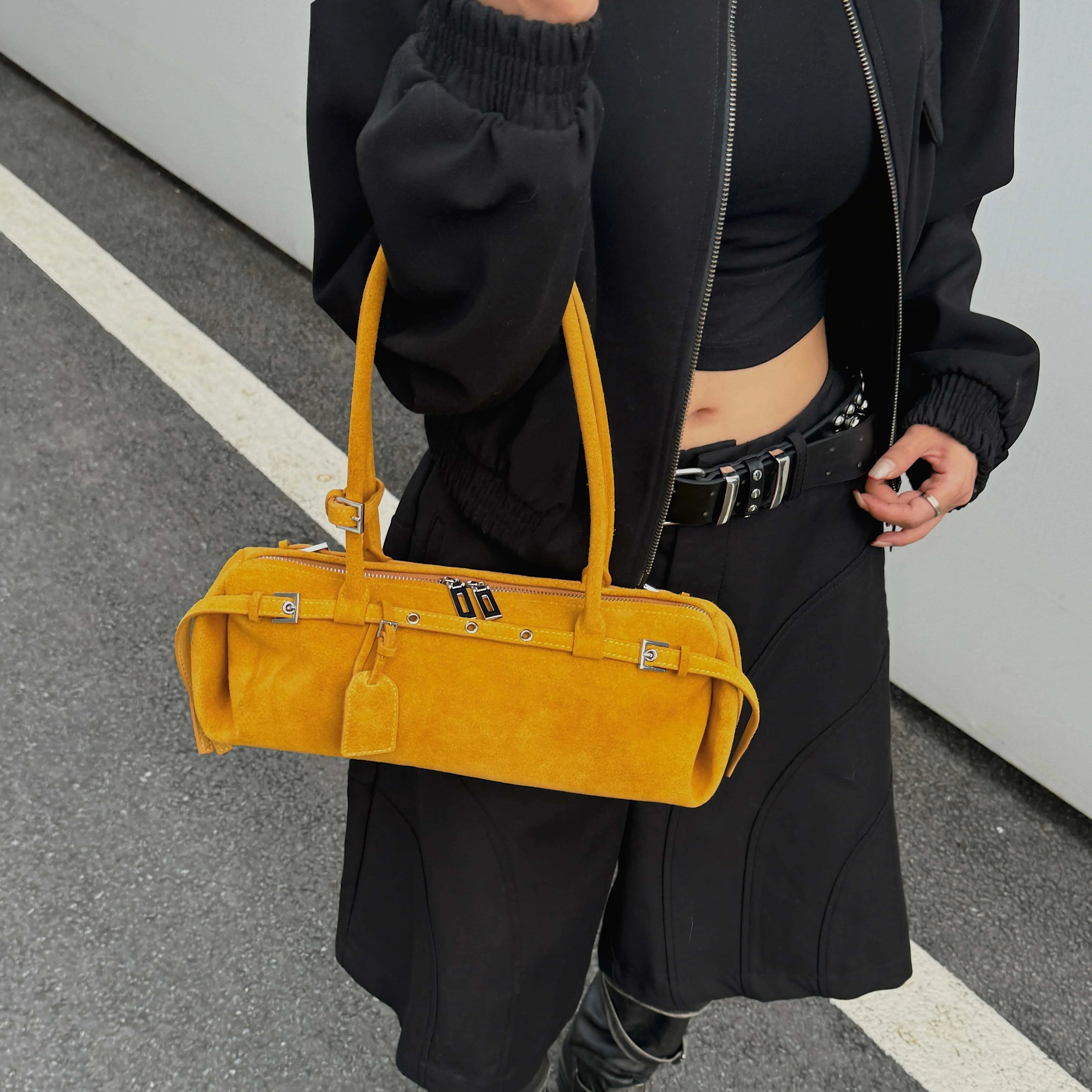 Rectangular suede handbag