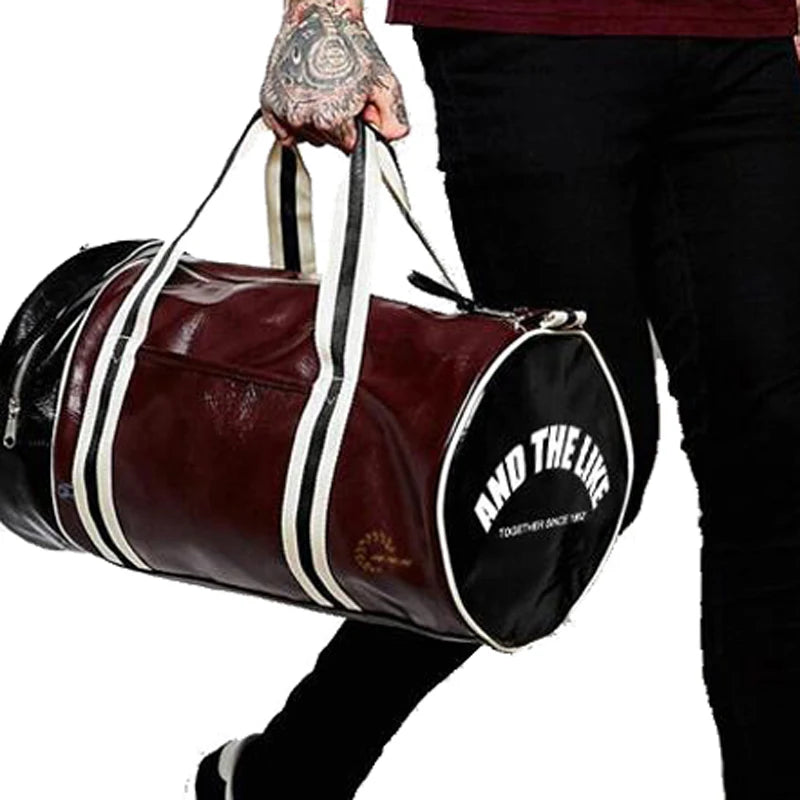 Two-tone leather overnight duffle bag