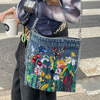 Embroidered floral denim shoulder bag