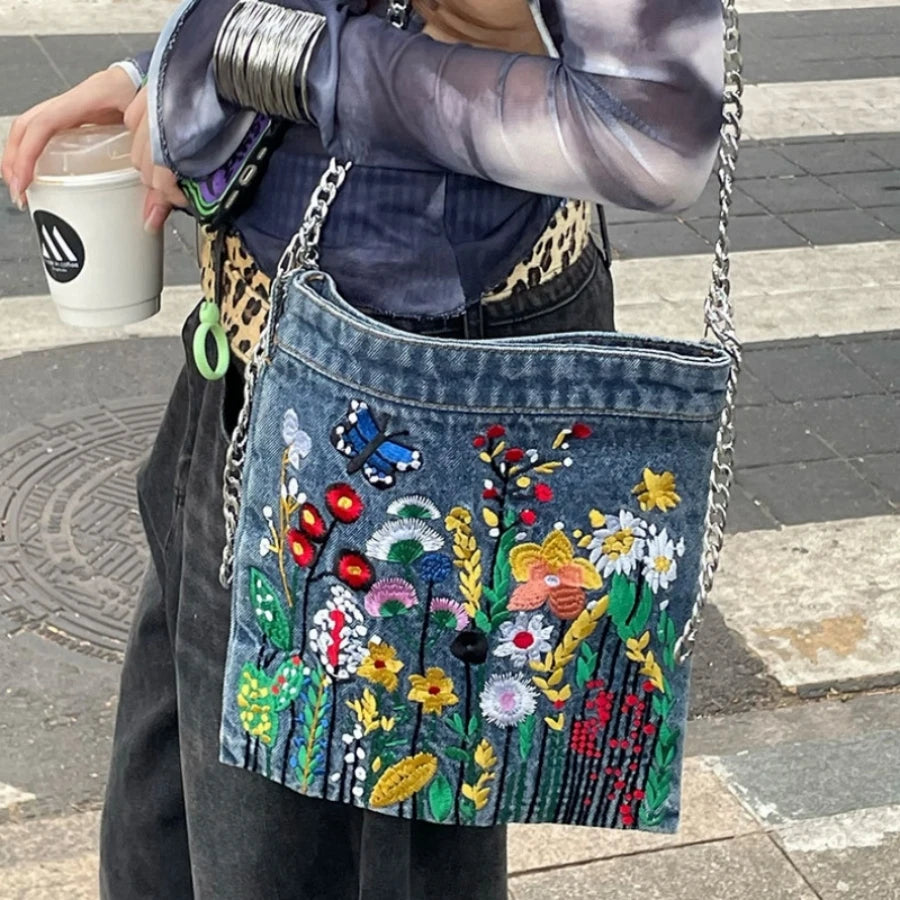 Embroidered floral denim shoulder bag